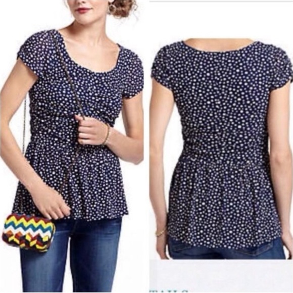 Anthropologie Postmark Women Ruched Peplum Polka Dot Top Navy White - Picture 1 of 4